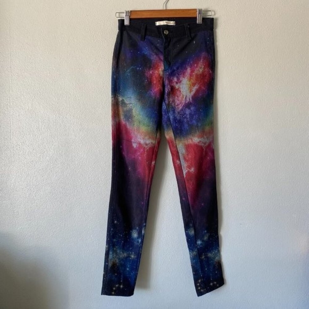 KanCan Skinny Stretch Black Rainbow Galaxy Astronomy Space Mid Rise Jeans Size 1